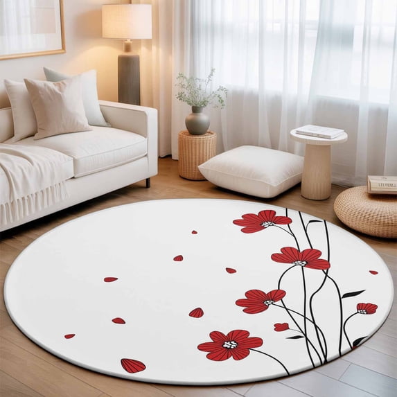 Round Area Rugs 4Ft, Red Poppy Flowers Non-Slip Washable Circle Rugs Carpet, Spring Modern Abstract Floral Rustic Indoor Outdoor Rug Floor Mats Throw Runner for Bedroom Living Room Bathroom