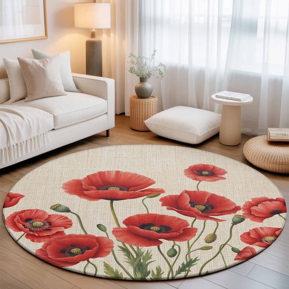 Round Area Rugs 4Ft, Red Poppy Non-Slip Washable Circle Rugs Carpet, Spring Summer Farmhouse Flowers Rustic Burlap Indoor Outdoor Rug Floor Mats Throw Runner for Bedroom Living Room Bathroom