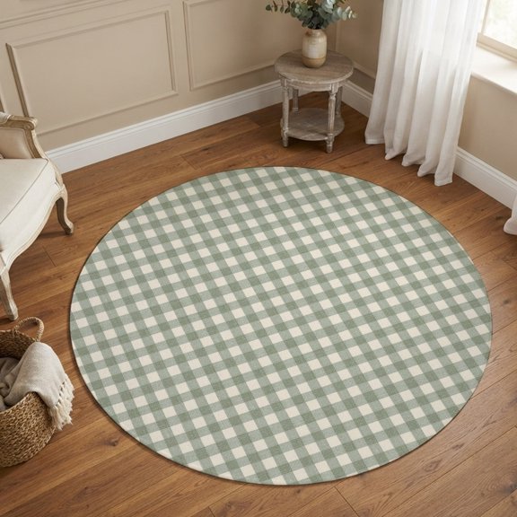 Round Area Rugs 4Ft, Sage Green Plaid Non-Slip Washable Circle Rugs Carpet, Gingham Checked Minimalist Modern Indoor Outdoor Rug Floor Mats Throw Runner for Bedroom Living Room Bathroom