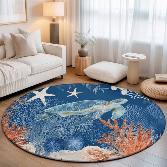 Round Area Rugs 4Ft, Sea Turtle Coastal Non-Slip Washable Circle Rugs Carpet, Summer Beach Coral Nautical Navy Blue Indoor Outdoor Rug Floor Mats Throw Runner for Bedroom Living Room Bathroom