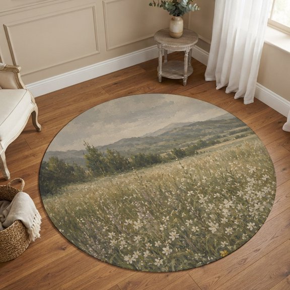 Round Area Rugs 4Ft, Spring Wildflowers Non-Slip Washable Circle Rugs Carpet, Rustic Farmhouse Flowers Cloud Scenery Indoor Outdoor Rug Floor Mats Throw Runner for Bedroom Living Room Bathroom