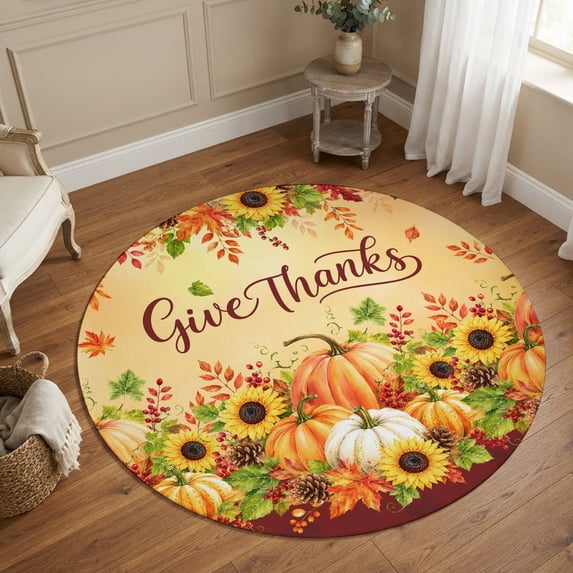 Round Area Rugs 4Ft, Thanksgiving Non-Slip Washable Circle Rugs Carpet, Orange Fall Pumpkin Maple Cones Sunflowers Indoor Outdoor Rug Floor Mats Throw Runner for Bedroom Living Room Bathroom