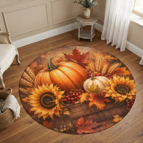 Round Area Rugs 4Ft, Thanksgiving Pumpkin Non-Slip Washable Circle Rugs Carpet, Fall Maple Leaf Sunflowers Harvest Orange Indoor Outdoor Rug Floor Mats Throw Runner for Bedroom Living Room Bathroom
