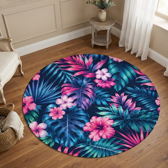 Round Area Rugs 4Ft, Tropical Plants Non-Slip Washable Circle Rugs Carpet, Summer Floral Monstera Palm Leaf Vintage Indoor Outdoor Rug Floor Mats Throw Runner for Bedroom Living Room Bathroom