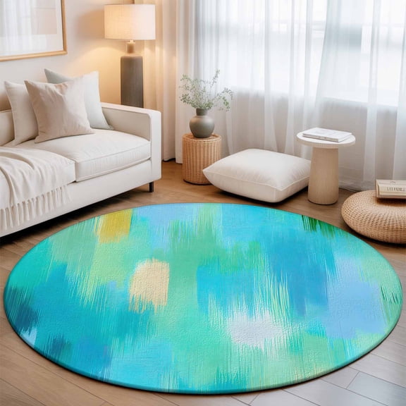 Round Area Rugs 4Ft, Turquoise Blue Ombre Non-Slip Washable Circle Rugs Carpet, Modern Abstract Art Oil Painting Indoor Outdoor Rug Floor Mats Throw Runner for Bedroom Living Room Bathroom