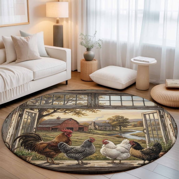 Round Area Rugs 4Ft, Vintage Rooster Non-Slip Washable Circle Rugs Carpet, Barn Farmhouse Art Animals Tree Indoor Outdoor Rug Floor Mats Throw Runner for Bedroom Living Room Bathroom
