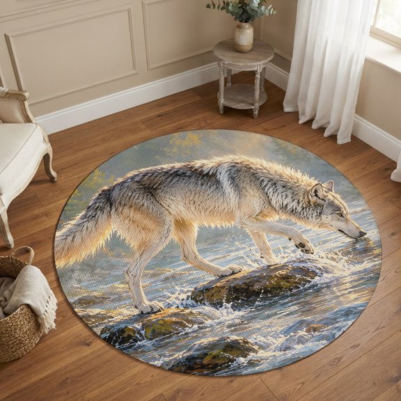 Round Area Rugs 4Ft, Wild Wolf Non-Slip Washable Circle Rugs Carpet, Animals Forest Creek Stone Natural Scenery Indoor Outdoor Rug Floor Mats Throw Runner for Bedroom Living Room Bathroom