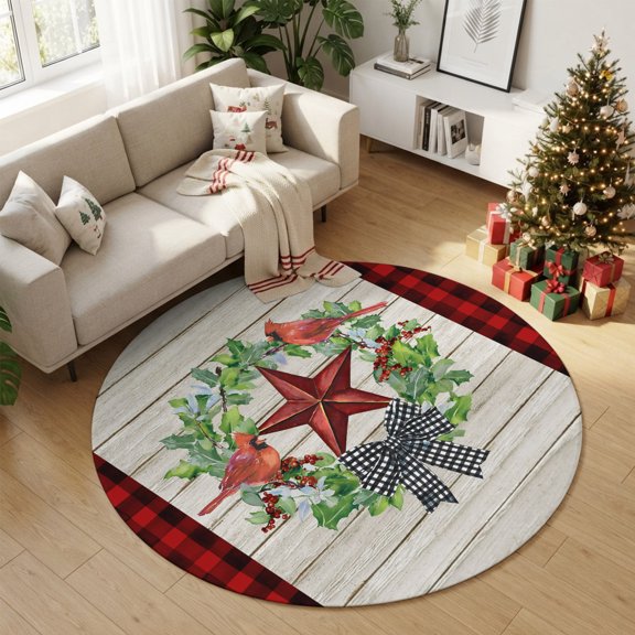 Round Area Rugs 4ft Pentagram Bird on Wood Board Soft Indoor Throw Rugs Carpets for Living Dining Bedroom Non-Slip Playroom Crawl Rug Floor Mats Red Black Plaid