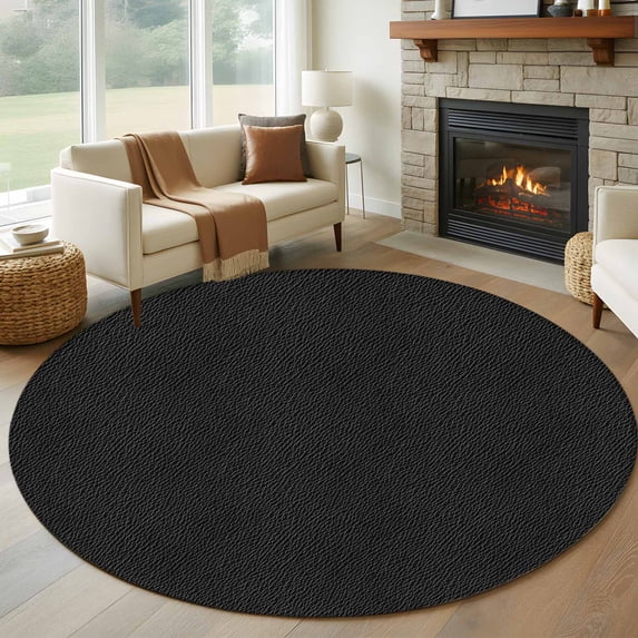 Round Area Rugs 5 Feet - Vintage Solid Black Leather Soft Indoor Throw Rugs Carpets for Living Dining Bedroom Kids Room Non-Slip Playroom Crawl Rug Floor Mats Retro Cowhide Texture