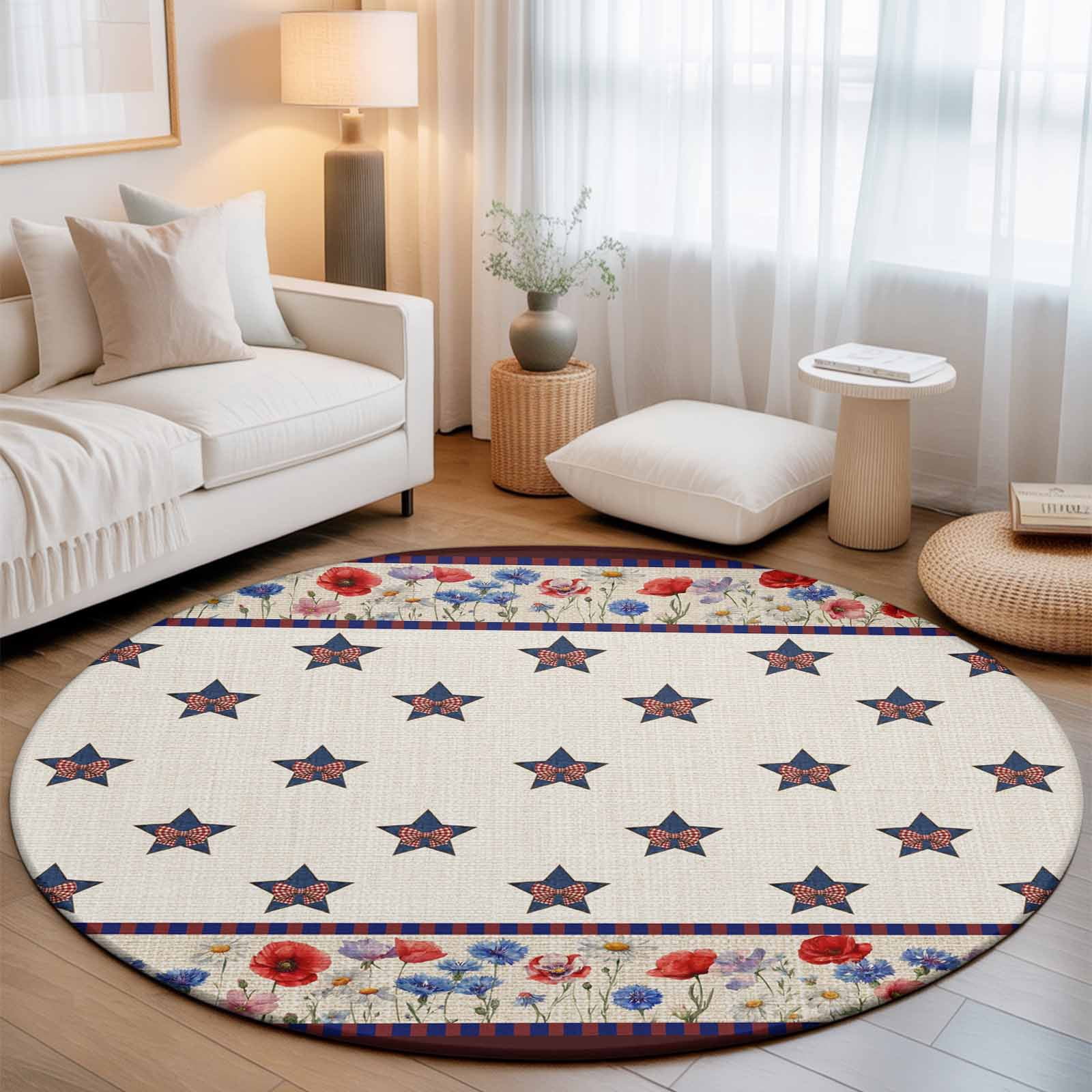 Round Area Rugs 5Ft, American Star Poppy Non-Slip Washable Circle Rugs Carpet, Farmhouse Independence Day Indoor Outdoor Rug Floor Mats Throw Runner for Bedroom Living Room Bathroom