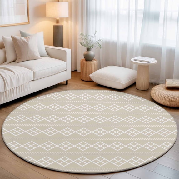 Round Area Rugs 5Ft, Beige Boho Non-Slip Washable Circle Rugs Carpet, Vintage Ethnic Tribe Abstract Art Geometric Indoor Outdoor Rug Floor Mats Throw Runner for Bedroom Living Room Bathroom