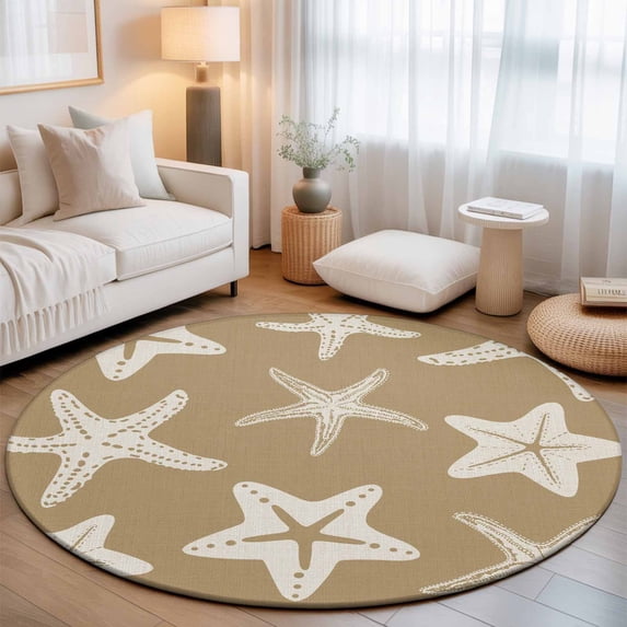 Round Area Rugs 5Ft, Beige Brown Starfish Coastal Non-Slip Washable Circle Rugs Carpet, Nautical Summer Ocean Abstract Art Indoor Outdoor Rug Floor Mats Throw Runner for Bedroom Living Room Bathroom