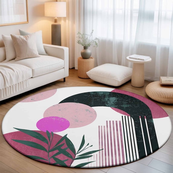 Round Area Rugs 5Ft, Boho Middle Century Non-Slip Washable Circle Rugs Carpet, Abstract Pink Geometric Botanical Indoor Outdoor Rug Floor Mats Throw Runner for Bedroom Living Room Bathroom
