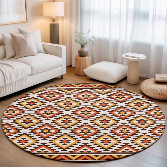Round Area Rugs 5Ft, Boho Non-Slip Washable Circle Rugs Carpet, Abstract Geometric Ethnic Bohemia Textured Indoor Outdoor Rug Floor Mats Throw Runner for Bedroom Living Room Bathroom