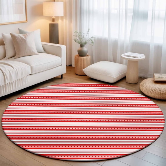 Round Area Rugs 5Ft, Boho Red Stripe Non-Slip Washable Circle Rugs Carpet, Abstract Geometric White Minimalist Indoor Outdoor Rug Floor Mats Throw Runner for Bedroom Living Room Bathroom