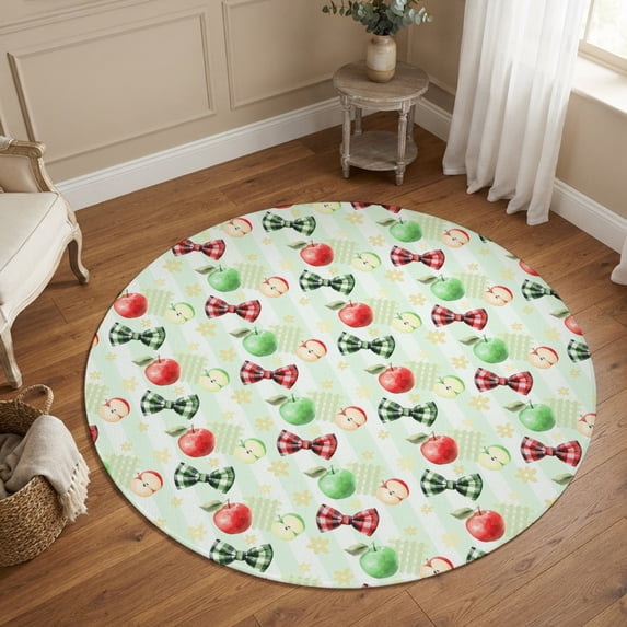 Round Area Rugs 5Ft, Candy Fruits Non-Slip Washable Circle Rugs Carpet, Vibrant Summer Rustic Bows Green Stripes Indoor Outdoor Rug Floor Mats Throw Runner for Bedroom Living Room Bathroom