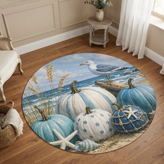 Round Area Rugs 5Ft, Coastal Blue Pumpkins Non-Slip Washable Circle Rugs Carpet, Fall Nautical Ocean Beach Waves Indoor Outdoor Rug Floor Mats Throw Runner for Bedroom Living Room Bathroom