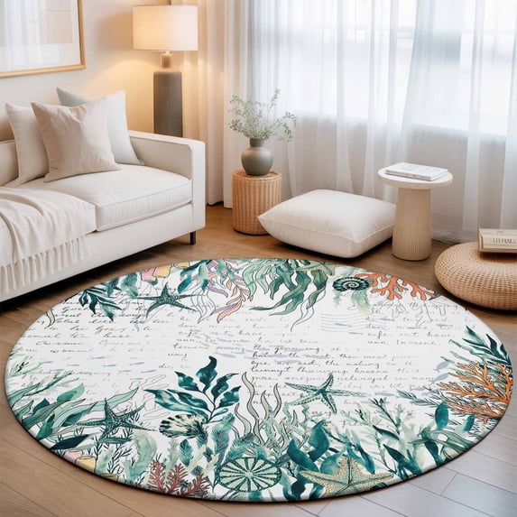 Round Area Rugs 5Ft, Coastal Green Seaweed Non-Slip Washable Circle Rugs Carpet, Summer Beach Coral Starfish Retro Indoor Outdoor Rug Floor Mats Throw Runner for Bedroom Living Room Bathroom