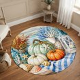 thumbnail image 1 of Round Area Rugs 5Ft, Fall Coastal Pumpkins Non-Slip Washable Circle Rugs Carpet, Ocean Nautical Coral Wood Grain Indoor Outdoor Rug Floor Mats Throw Runner for Bedroom Living Room Bathroom, 1 of 8
