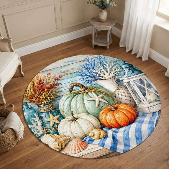 Round Area Rugs 5Ft, Fall Coastal Pumpkins Non-Slip Washable Circle Rugs Carpet, Ocean Nautical Coral Wood Grain Indoor Outdoor Rug Floor Mats Throw Runner for Bedroom Living Room Bathroom