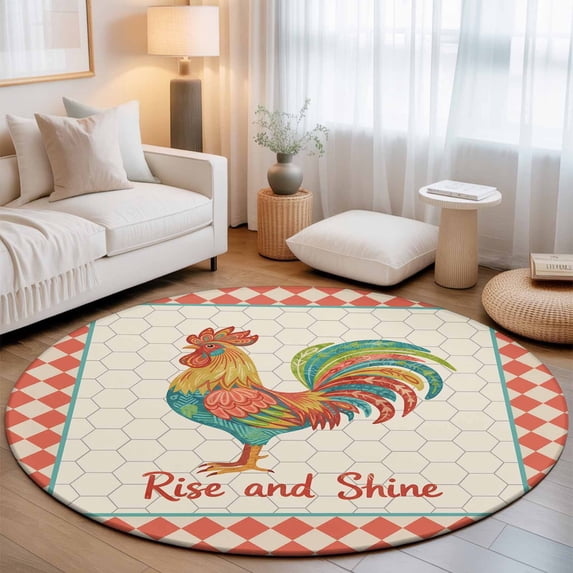 Round Area Rugs 5Ft, Farmhouse Rooster Non-Slip Washable Circle Rugs Carpet, Orange Beige Plaid Geometric Country Indoor Outdoor Rug Floor Mats Throw Runner for Bedroom Living Room Bathroom
