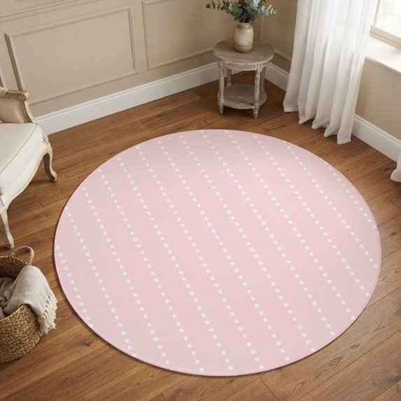 Round Area Rugs 5Ft, Geometric Stripes Pink Non-Slip Washable Circle Rugs Carpet, Polka Dots Abstract Modern Indoor Outdoor Rug Floor Mats Throw Runner for Bedroom Living Room Bathroom