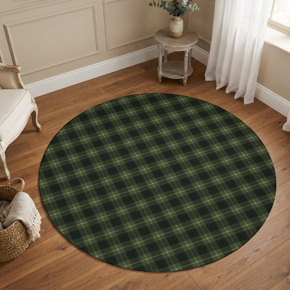 Round Area Rugs 5Ft, Green Black Buffalo Plaid Non-Slip Washable Circle Rugs Carpet, Geometric Classic Checkered Indoor Outdoor Rug Floor Mats Throw Runner for Bedroom Living Room Bathroom