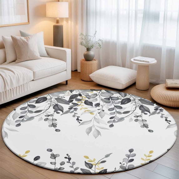 Round Area Rugs 5Ft, Grey Eucalyptus Non-Slip Washable Circle Rugs Carpet, Watercolor Spring Weeping Botanical Indoor Outdoor Rug Floor Mats Throw Runner for Bedroom Living Room Bathroom
