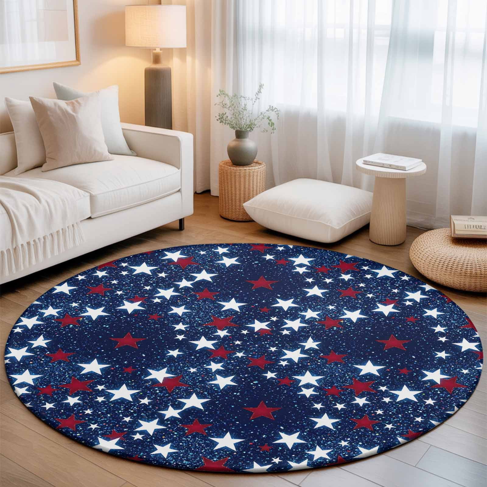 Round Area Rugs 5Ft, Independence Day Non-Slip Washable Circle Rugs Carpet, Blue Red White Stars Watercolor Indoor Outdoor Rug Floor Mats Throw Runner for Bedroom Living Room Bathroom