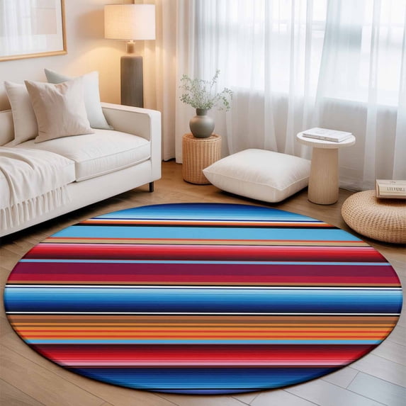 Round Area Rugs 5Ft, Mexican Style Non-Slip Washable Circle Rugs Carpet, Colorful Mexico Stripes Ombre Red Blue Indoor Outdoor Rug Floor Mats Throw Runner for Bedroom Living Room Bathroom