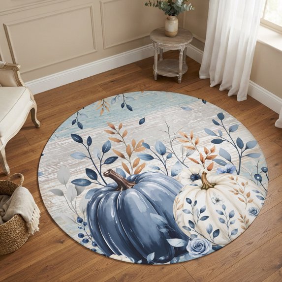 Round Area Rugs 5Ft, Navy Blue Pumpkins Fall Non-Slip Washable Circle Rugs Carpet, Thanksgiving Wooden Eucalyptus Leaves Indoor Outdoor Rug Floor Mats Throw Runner for Bedroom Living Room Bathroom