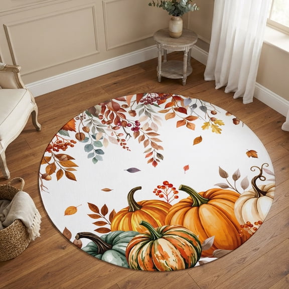Round Area Rugs 5Ft, Orange Green Fall Non-Slip Washable Circle Rugs Carpet, Thanksgiving Pumpkins Botanical Autumn Indoor Outdoor Rug Floor Mats Throw Runner for Bedroom Living Room Bathroom
