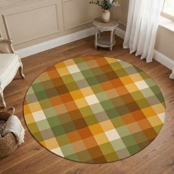 Round Area Rugs 5Ft, Orange Yellow Green Fall Non-Slip Washable Circle Rugs Carpet, Autumn Gingham Buffalo Plaid Indoor Outdoor Rug Floor Mats Throw Runner for Bedroom Living Room Bathroom