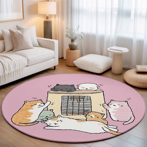 Round Area Rugs 5Ft, Pink Cute Cat Non-Slip Washable Circle Rugs Carpet, Cartoon Funny Heater Cats Indoor Outdoor Rug Floor Mats Throw Runner for Bedroom Living Room Bathroom