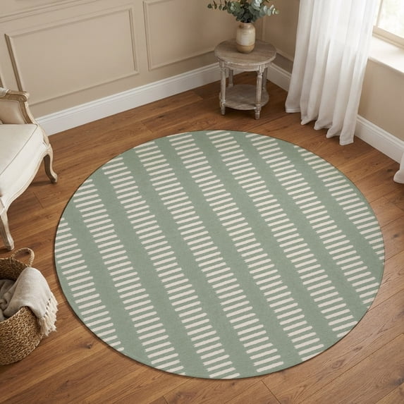Round Area Rugs 5Ft, Sage Green Stripes Retro Non-Slip Washable Circle Rugs Carpet, Modern Farmhouse Beige Striped Indoor Outdoor Rug Floor Mats Throw Runner for Bedroom Living Room Bathroom