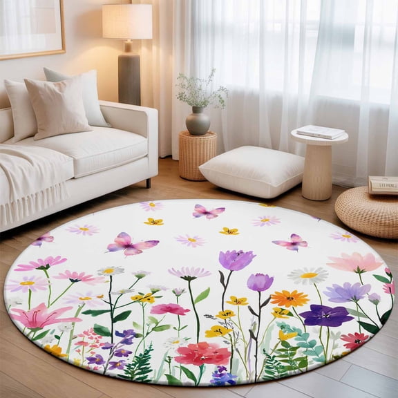 Round Area Rugs 5Ft, Spring Floral Non-Slip Washable Circle Rugs Carpet, Butterflies Botanical Farmhouse Indoor Outdoor Rug Floor Mats Throw Runner for Bedroom Living Room Bathroom