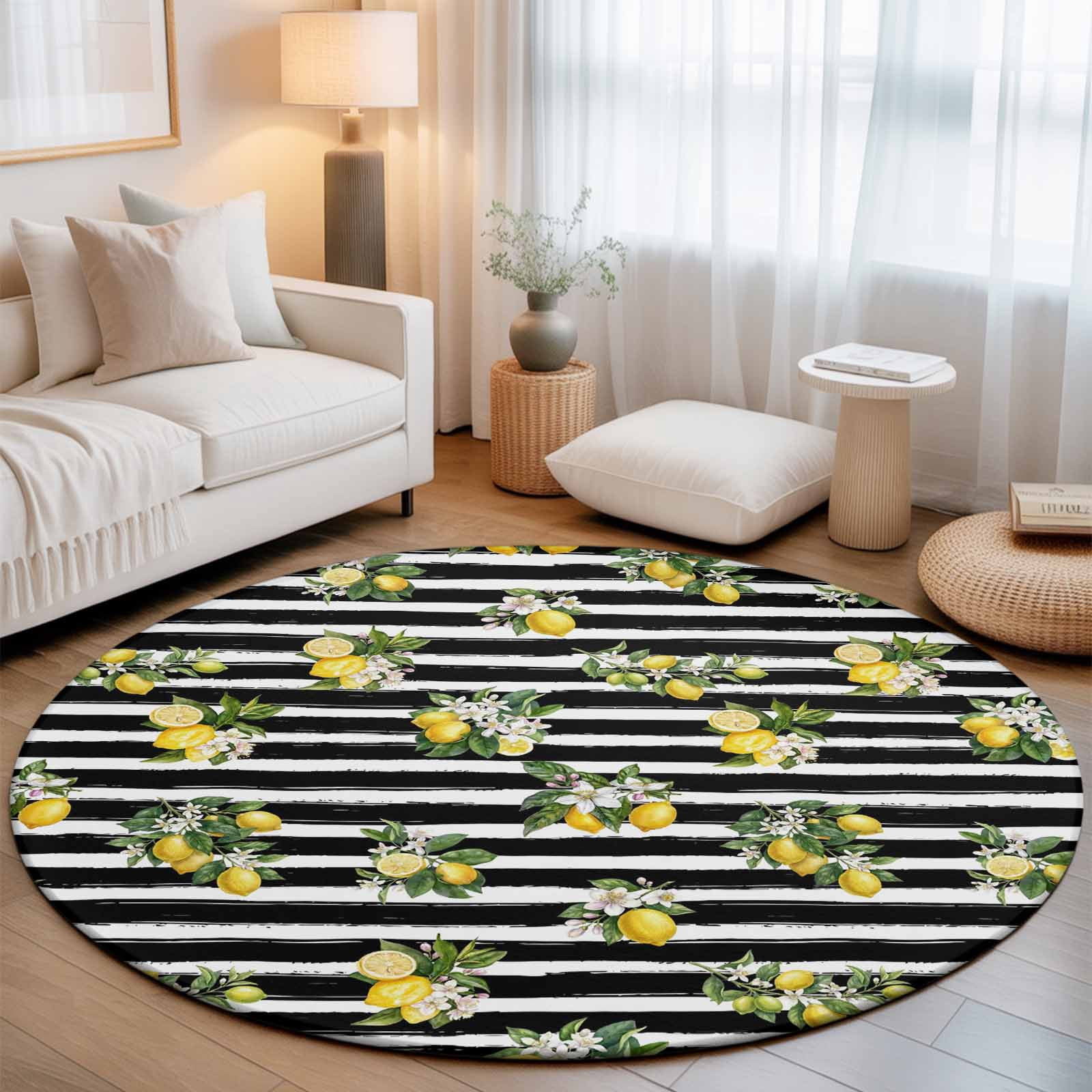Round Area Rugs 5Ft, Summer Lemons Non-Slip Washable Circle Rugs Carpet, Modern Fruits Flowers Black Striped Indoor Outdoor Rug Floor Mats Throw Runner for Bedroom Living Room Bathroom