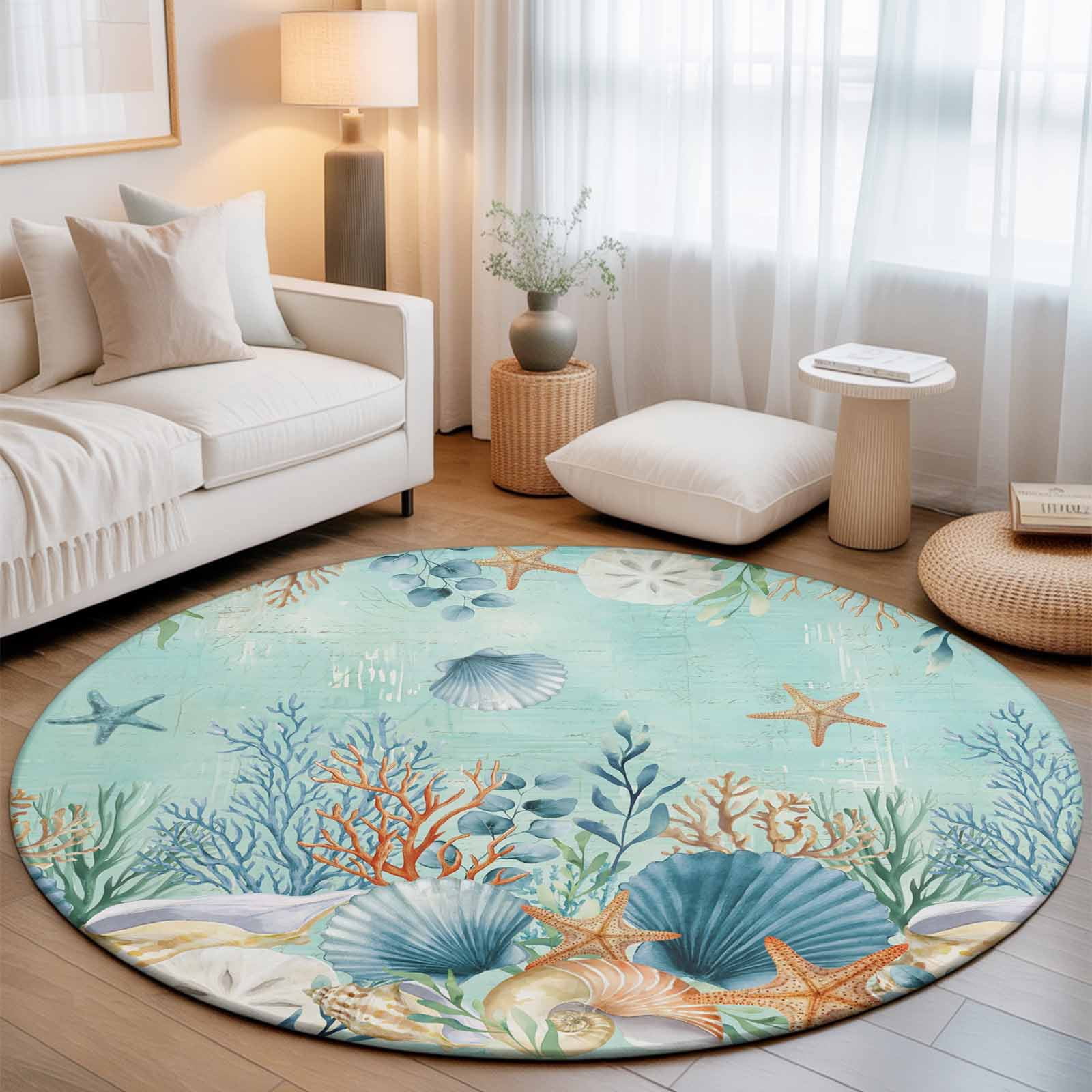 Round Area Rugs 5Ft, Teal Coastal Non-Slip Washable Circle Rugs Carpet, Summer Beach Starfish Shell Coral Nautical Indoor Outdoor Rug Floor Mats Throw Runner for Bedroom Living Room Bathroom