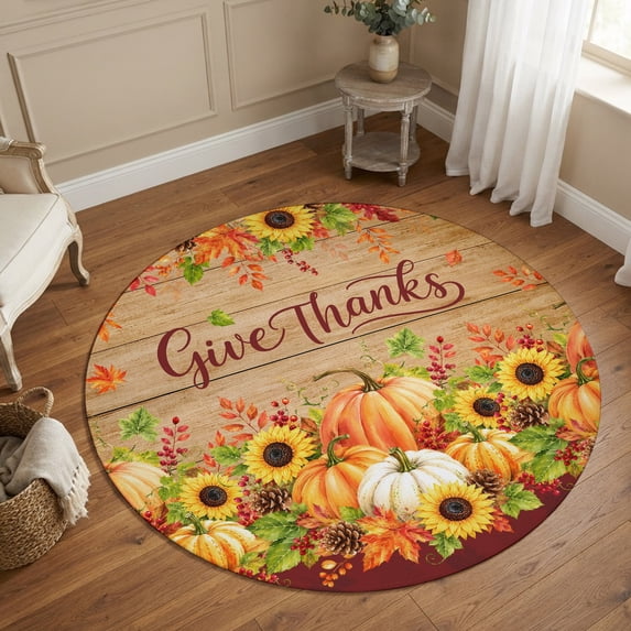 Round Area Rugs 5Ft, Thanksgiving Non-Slip Washable Circle Rugs Carpet, Fall Pumpkin Maple Cones Sunflowers Wood Grain Indoor Outdoor Rug Floor Mats Throw Runner for Bedroom Living Room Bathroom
