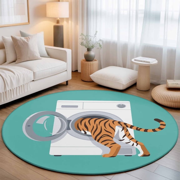 Round Area Rugs 5Ft, Tiger Non-Slip Washable Circle Rugs Carpet, Teal Laundry Room Washing Machine Indoor Outdoor Rug Floor Mats Throw Runner for Bedroom Living Room Bathroom