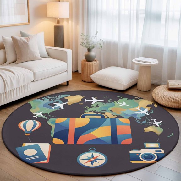 Round Area Rugs 5Ft, Travel Adventure Non-Slip Washable Circle Rugs Carpet, Abstract Art Maps Suitcase Hot Balloons Indoor Outdoor Rug Floor Mats Throw Runner for Bedroom Living Room Bathroom