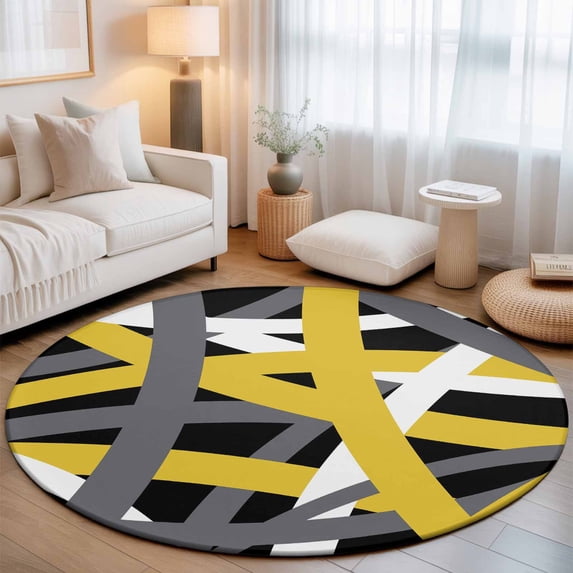 Round Area Rugs 5Ft, Yellow Black Geometric Non-Slip Washable Circle Rugs Carpet, Modern Art Abstract Grey Line Indoor Outdoor Rug Floor Mats Throw Runner for Bedroom Living Room Bathroom