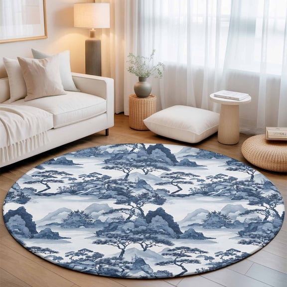 Round Area Rugs 5ft Chinese Style Plant Garden Landscape Soft Indoor Throw Rugs Carpets for Living Dining Bedroom Non-Slip Playroom Crawl Rug Floor Mats Chinoiserie Retro Style