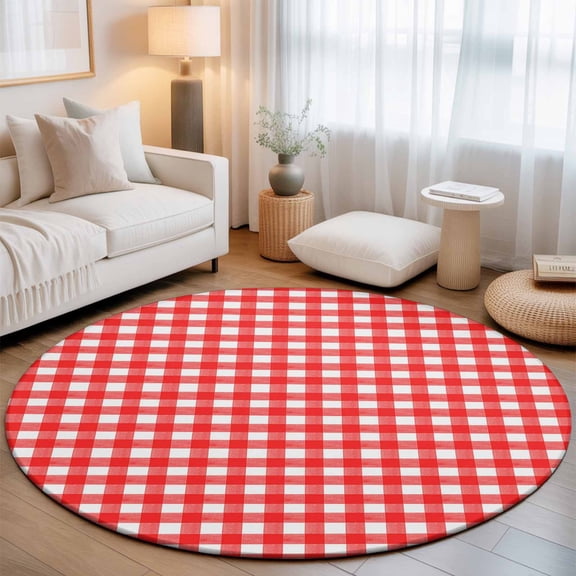 Round Area Rugs 5ft Country Red Buffalo Plaid Soft Indoor Throw Rugs Carpets for Living Dining Bedroom Non-Slip Playroom Crawl Rug Floor Mats Classic Gingham Check