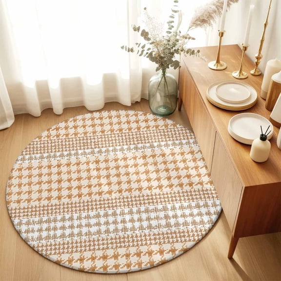 Round Area Rugs 5ft Farm Lattice Houndstooth Pattern Soft Indoor Throw Rugs Carpets for Living Dining Bedroom Non-Slip Playroom Crawl Rug Floor Mats Rustic Beige Khaki Plaid