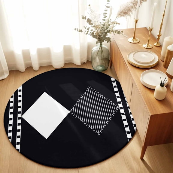 Round Area Rugs 5ft Modern Minimalist Diamond Soft Indoor Throw Rugs Carpets for Living Dining Bedroom Non-Slip Playroom Crawl Rug Floor Mats Abstract Black White Geometric Style