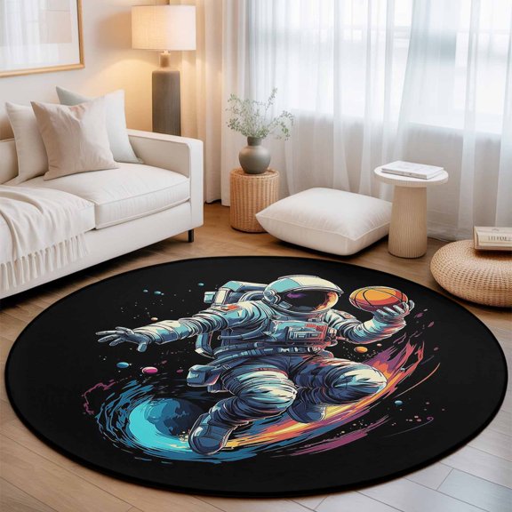 Round Area Rugs 5ft Space Man Playing Basketball Sport Soft Indoor Throw Rugs Carpets for Living Dining Bedroom Non-Slip Playroom Crawl Rug Floor Mats Ball Game on Black