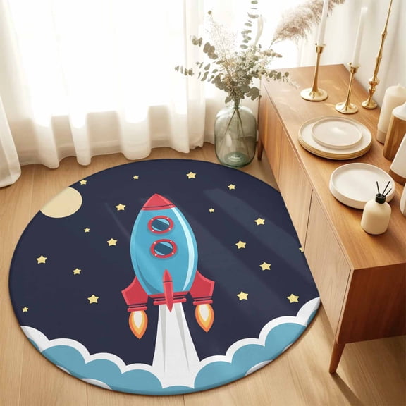 Round Area Rugs 5ft Space Rocket Moon Star Soft Indoor Throw Rugs Carpets for Living Dining Bedroom Non-Slip Playroom Crawl Rug Floor Mats Cartoon Style