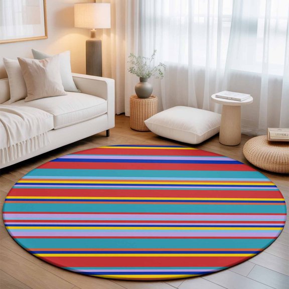 Round Area Rugs 5ft Traditional Mexico Colorful Stripes Soft Indoor Throw Rugs Carpets for Living Dining Bedroom Non-Slip Playroom Crawl Rug Floor Mats Modern Lines Art
