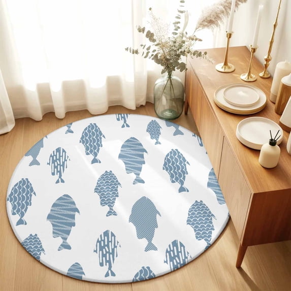 Round Area Rugs 6Ft, Abstract Art Fish Blue Non-Slip Washable Circle Rugs Carpet, Coastal Ocean Summer Marine Life Indoor Outdoor Rug Floor Mats Throw Runner for Bedroom Living Room Bathroom